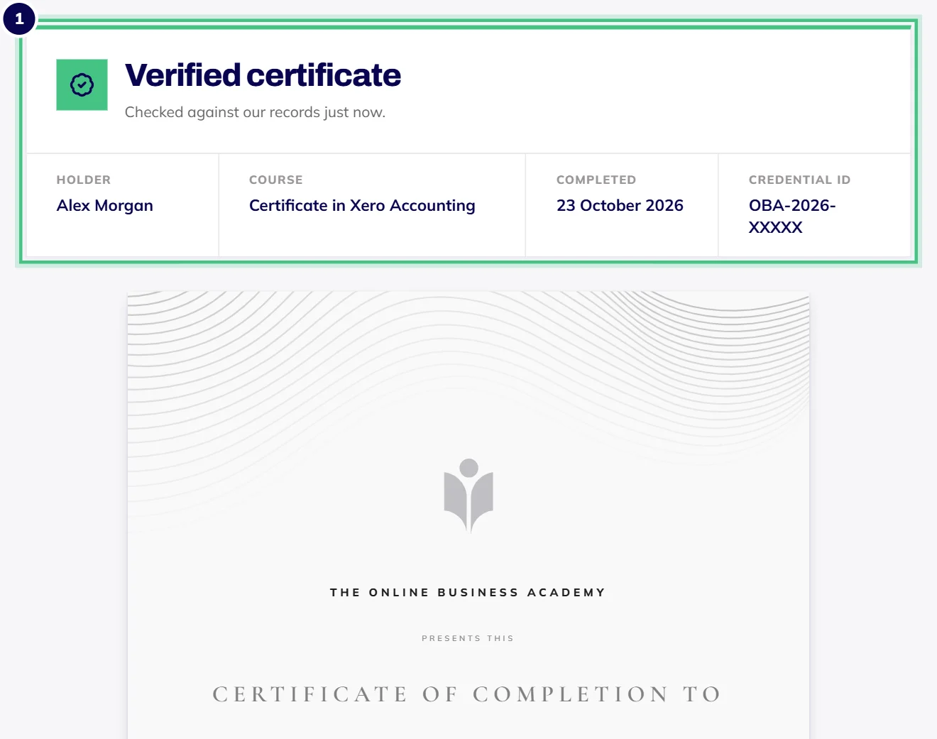 The public certificate page: a Verified certificate panel with the holder, course, completion date and credential ID above the certificate itself.