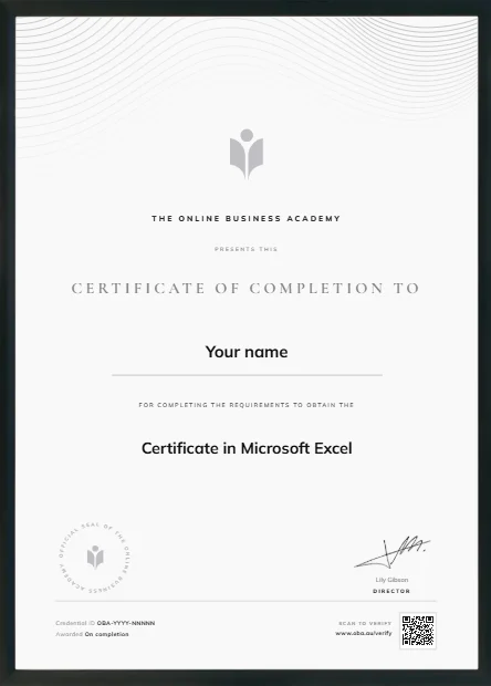 A sample OBA certificate of completion in its frame, with the learner name, the course, the signature and a QR code.
