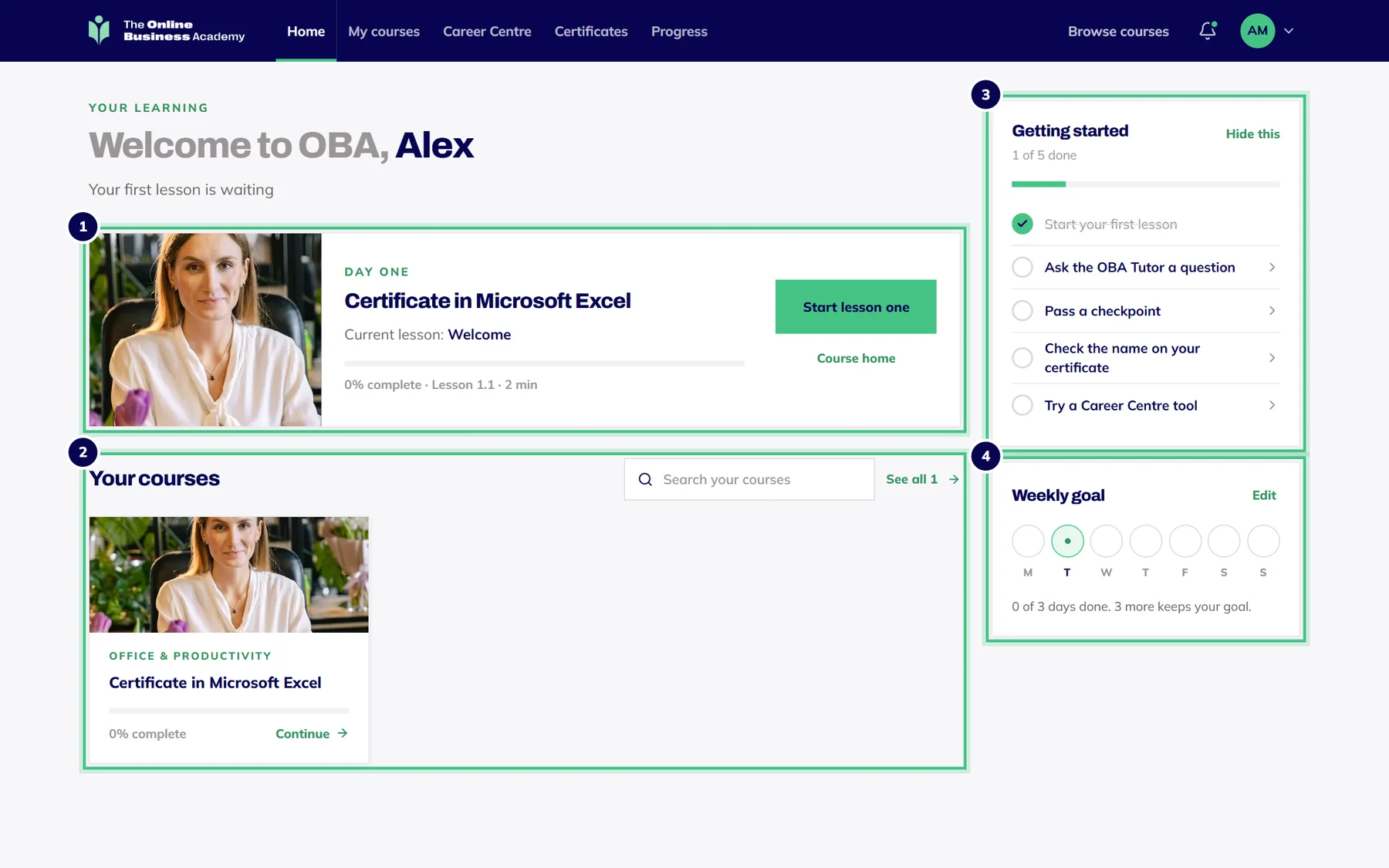 The OBA dashboard: the course to pick up, your courses, the getting started checklist, your weekly goal and a suggested course.
