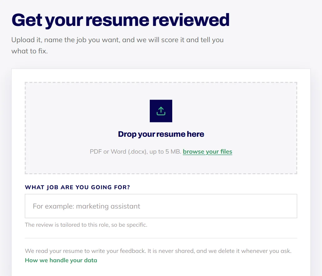 The resume review page: drop your resume in and name the job you are going for.