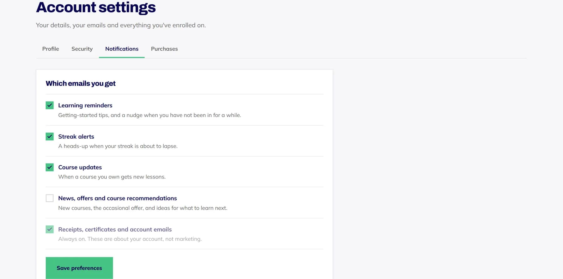 The Notifications tab in account settings: switches for each kind of email.